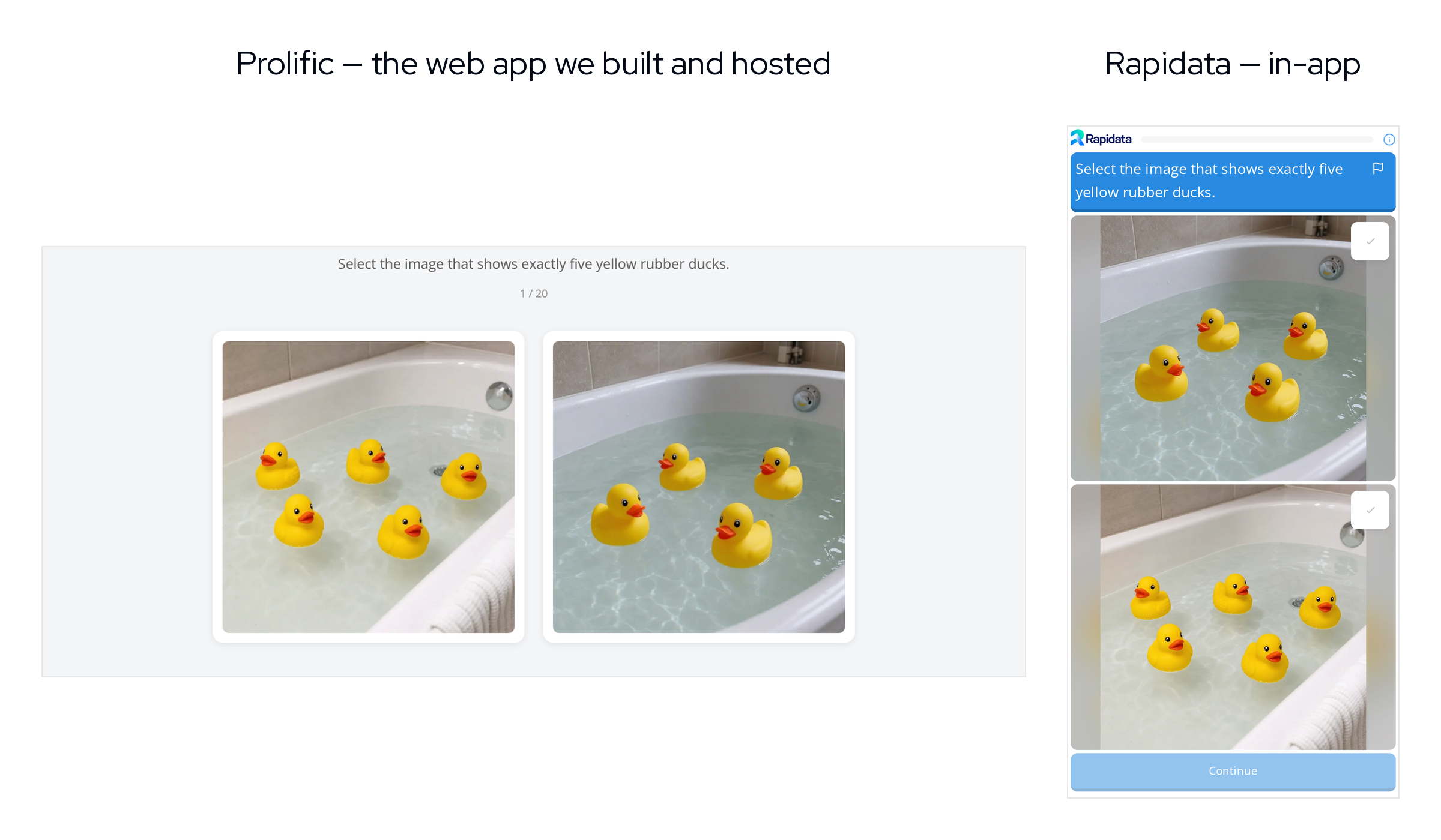 The same duck question in both task interfaces: the web app built for Prolific participants and Rapidata's in-app rendering