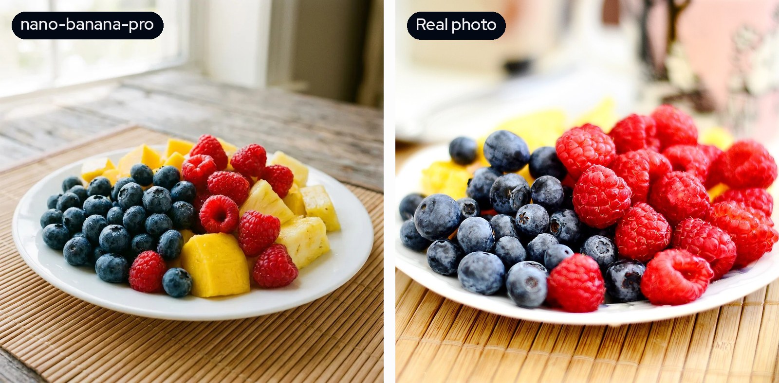 Fruit plate: nano-banana-pro's image on the left, the real photo on the right.