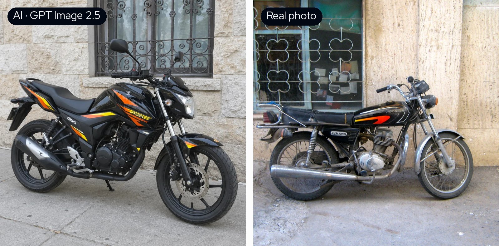 Motorcycle: GPT Image 2.5's shiny new bike on the left, the worn real motorcycle on the right.