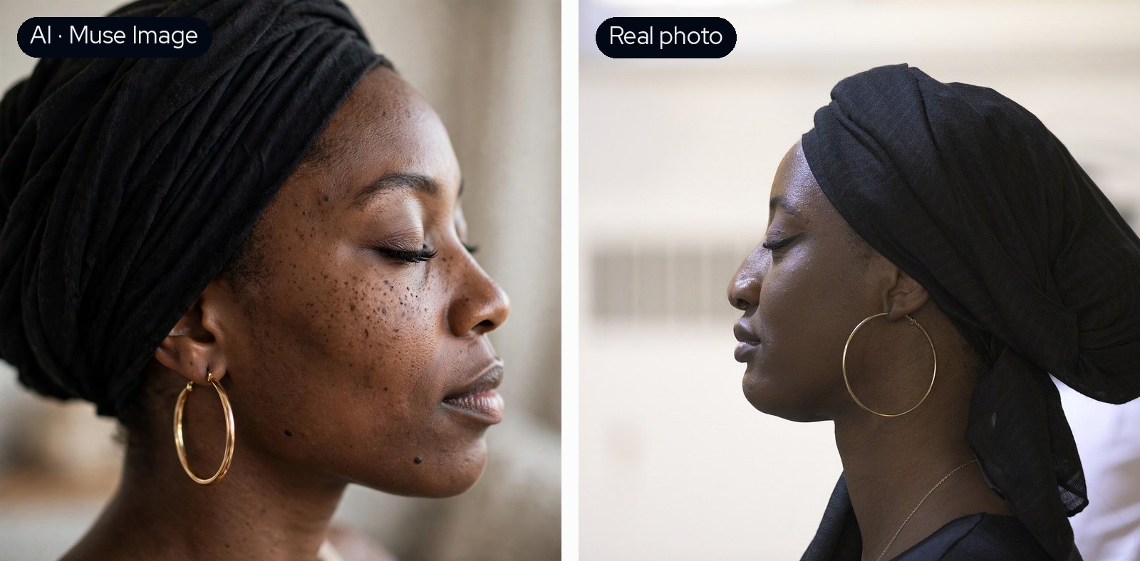 Portrait: Muse Image's version with freckles and skin texture on the left, the real photo on the right.