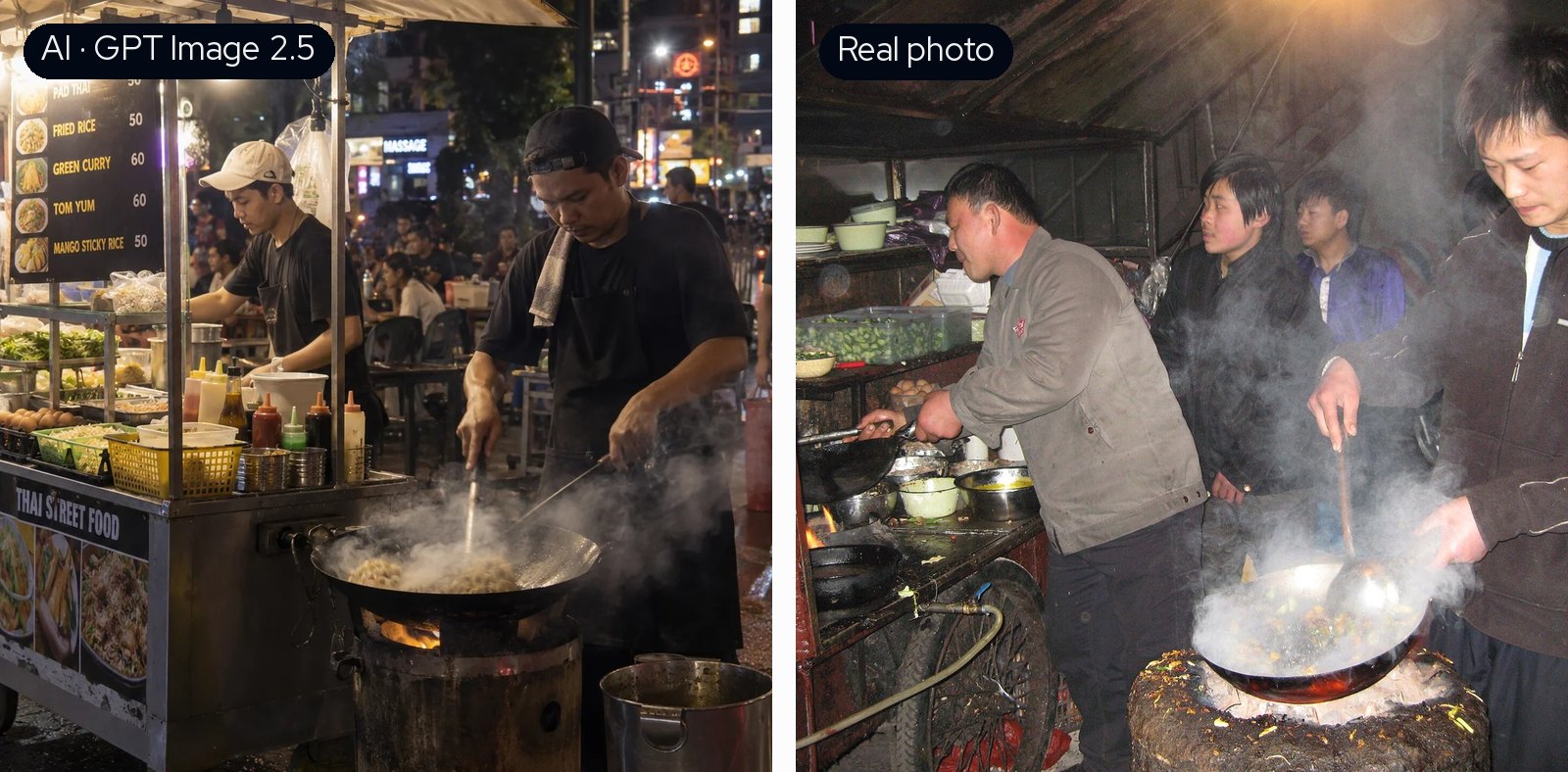 Street food stall: GPT Image 2.5's clean, well-composed version on the left, the messy, steamy real photo on the right.
